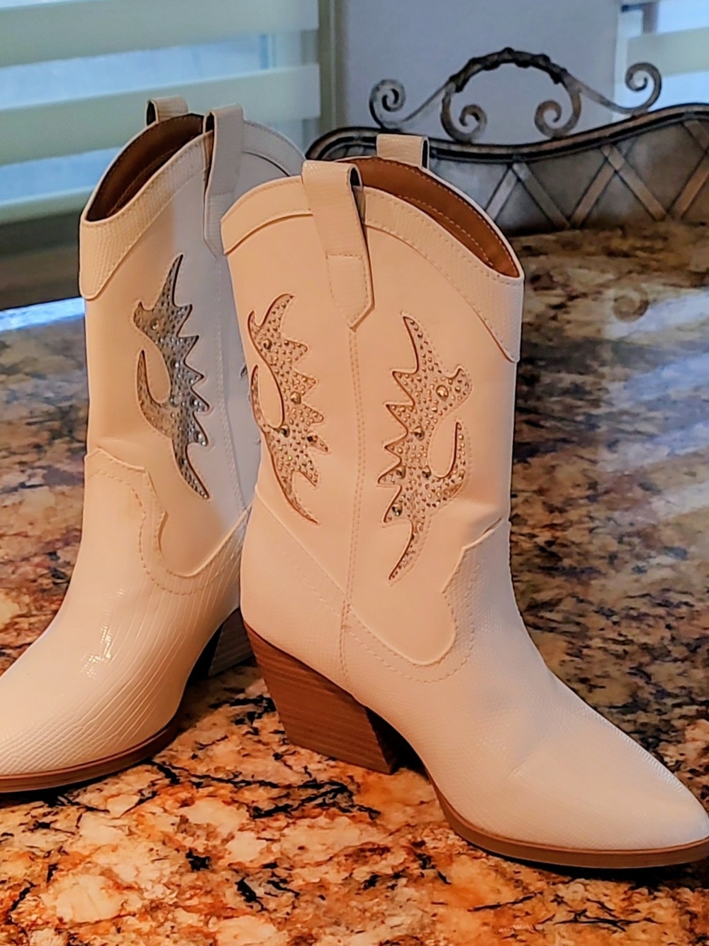 Soda White Rhinestone Western Mid-Calf Heeled Cowboy Boots - Picture 3 of 14